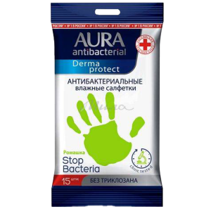 Влажные салфетки антибактериальные AURA Derma Protect РОМАШКА 15шт