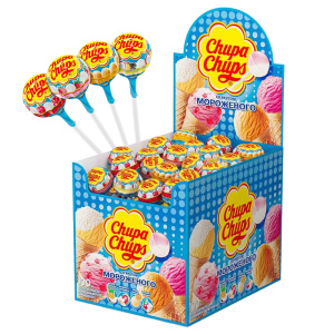 Карамель "Чупа чупс" со вкусом мороженого:кокоса и ананаса,ванили и вишни, крем-брюле,ванили и клубники